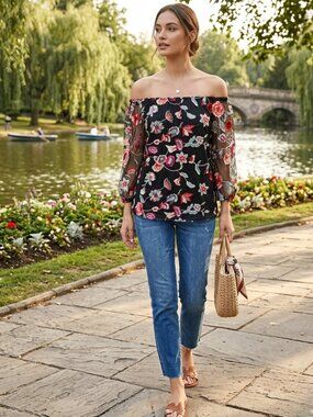 INC Floral Embroidered Mesh Off The Shoulder Blouse Sz L Sheer Bardot Black